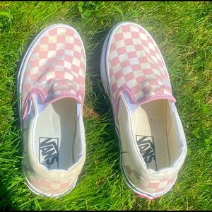 pink off white checkered slip on vans